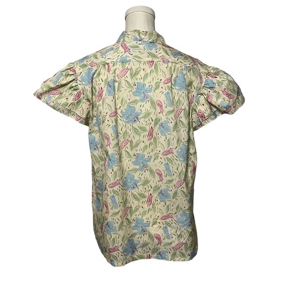 70s 80s Prospectus Cream Floral Print Top Medium Pussybow Ruffle Tiered Sleeves - Picture 3 of 5